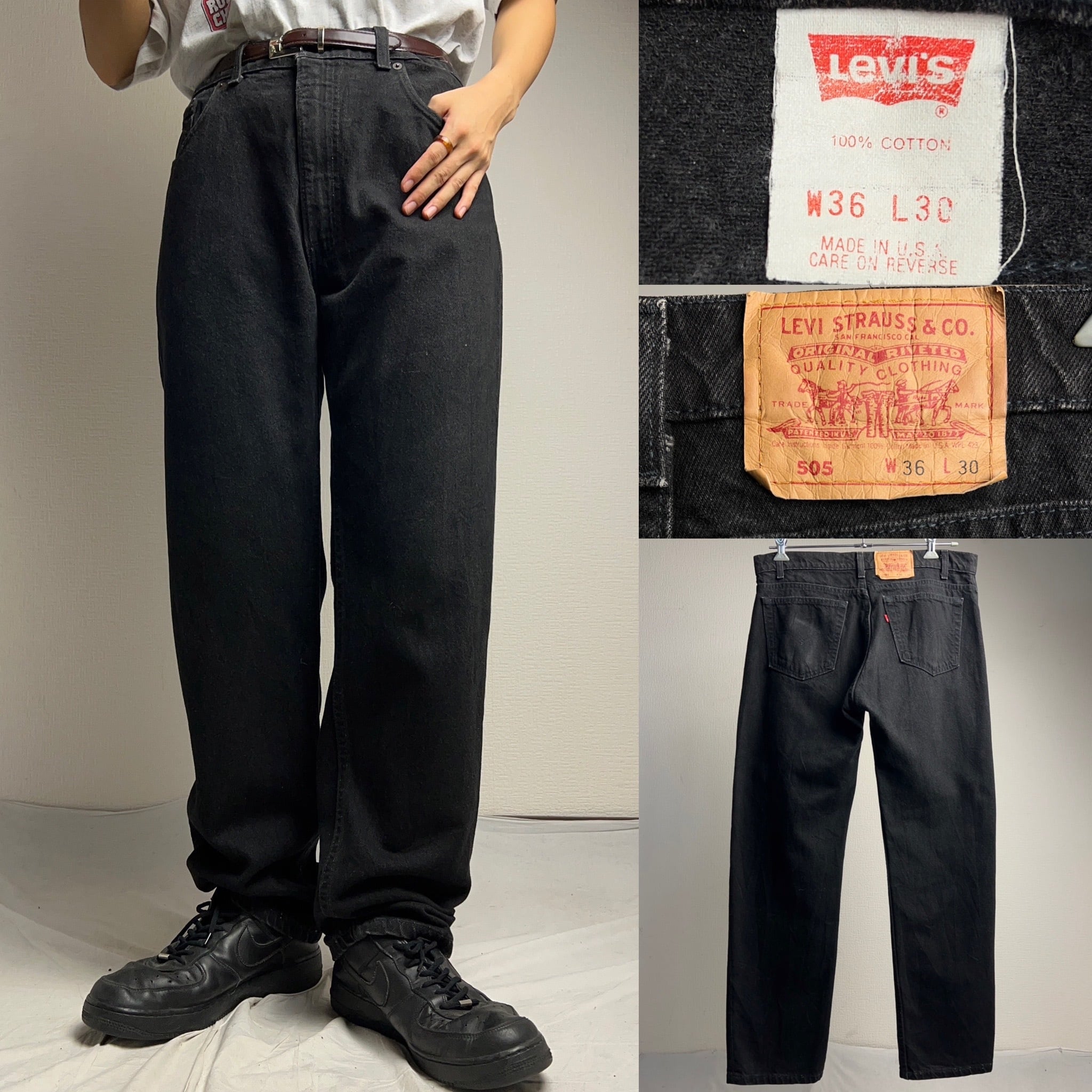 スーパー神サイズ90s初期USA製Levis505先染めブラックW36L30vintage