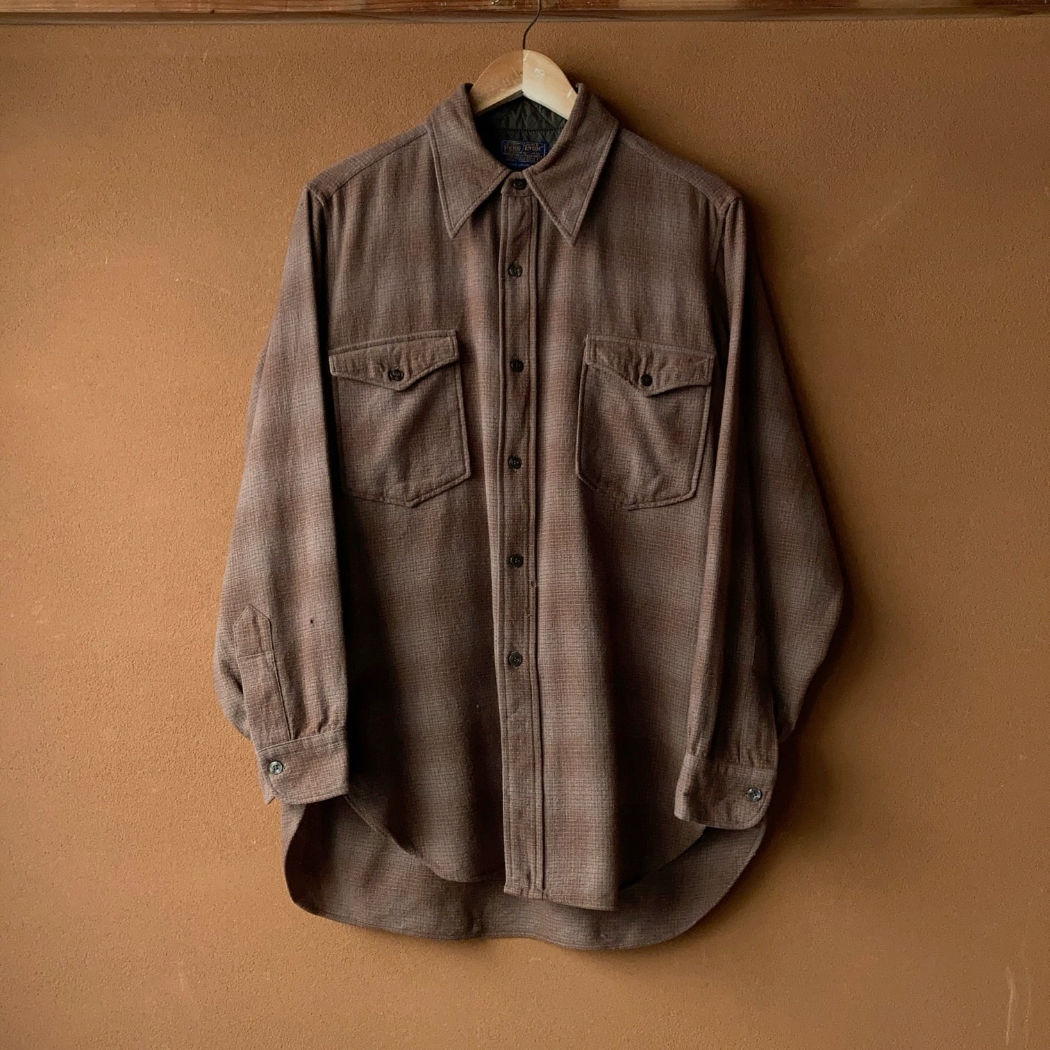 ~70's PENDLETON オンブレチェックウールシャツ BROWN SIZE L【1203A05】