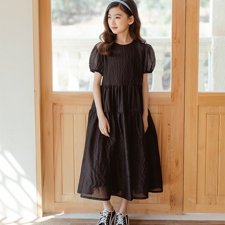 ボーダー 半袖 パフスリーブ ワンピース ミドル丈 ワンピース ガールズ キッズ ティアードワンピース 半袖 可愛い