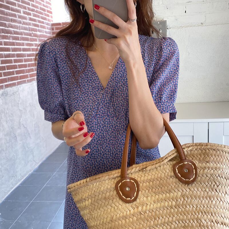 Vネックハイウェストウェストドレス サマースタイルスリムフローラルスカート 夏物 花柄 ビッグFスモールZ韓国98671964617