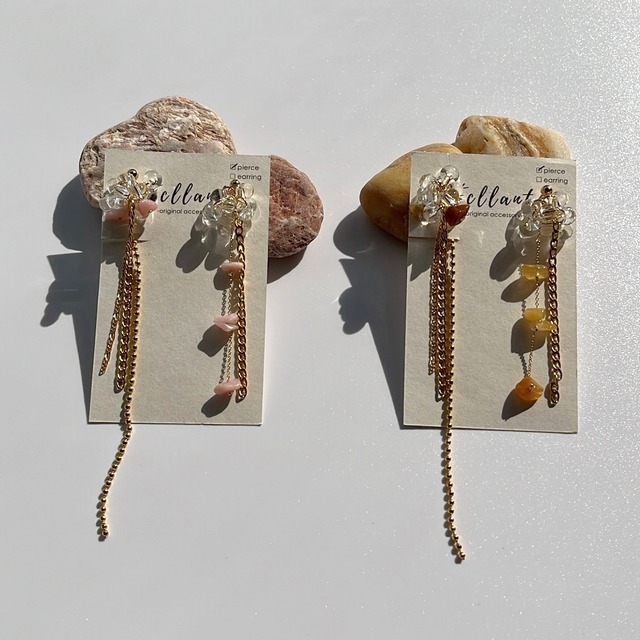 ［全2色］ 天然石 ロングチェーンピアス　