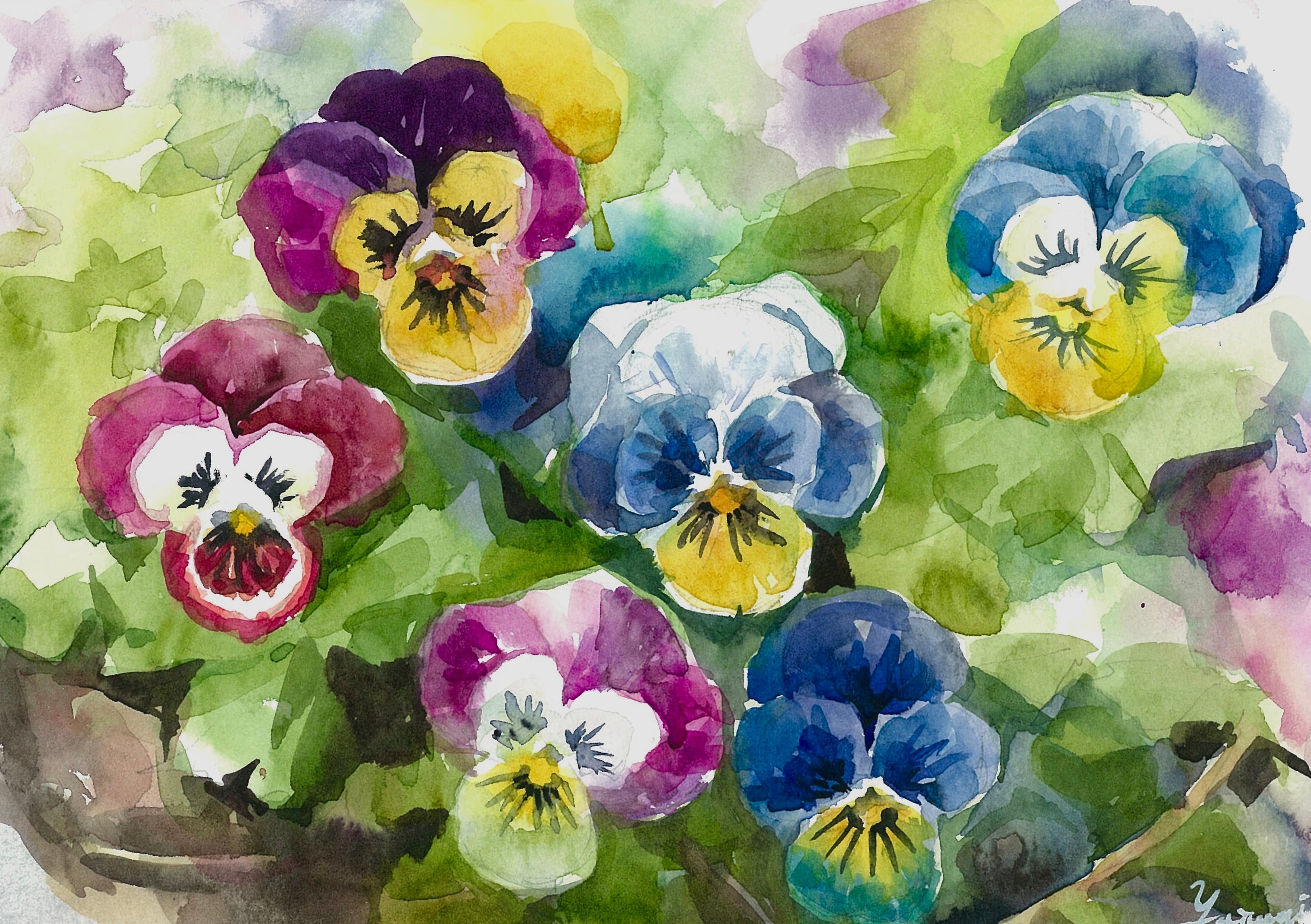水彩画原画パンジー花の絵 降ろせる