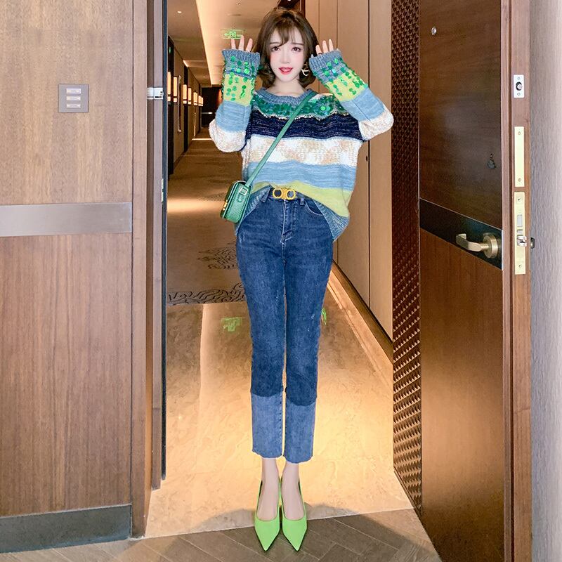 ハイウェスト薄手ジーンズ ウィンター 冬物 ステッチ MIUCO30307348615