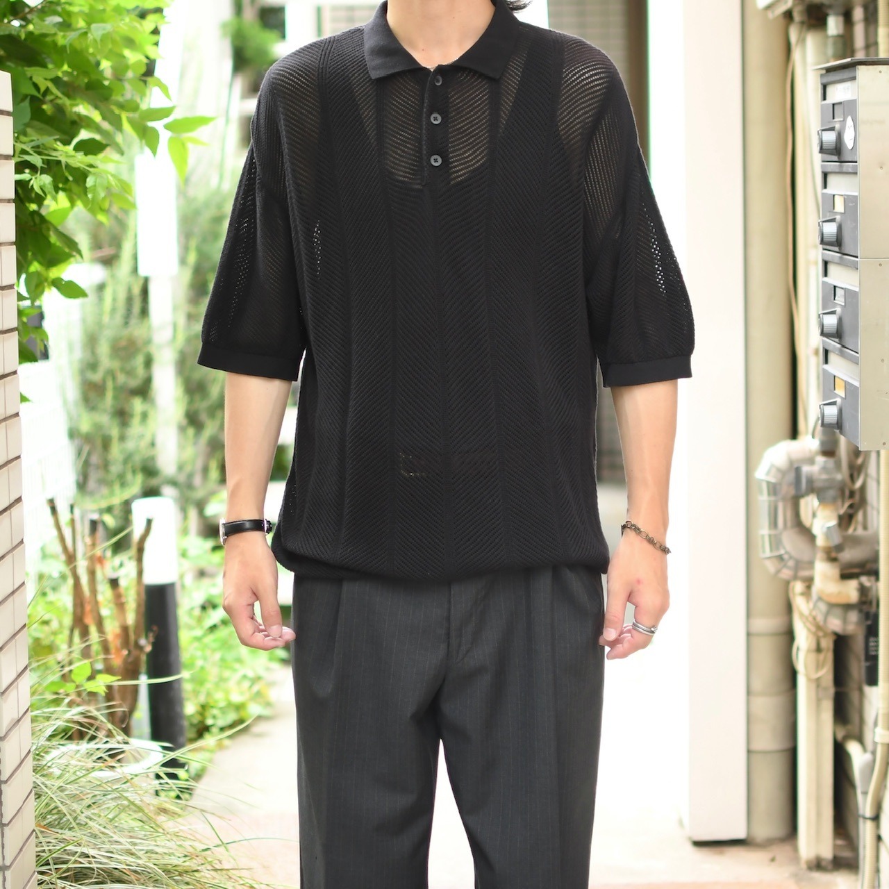mesh knit polo black