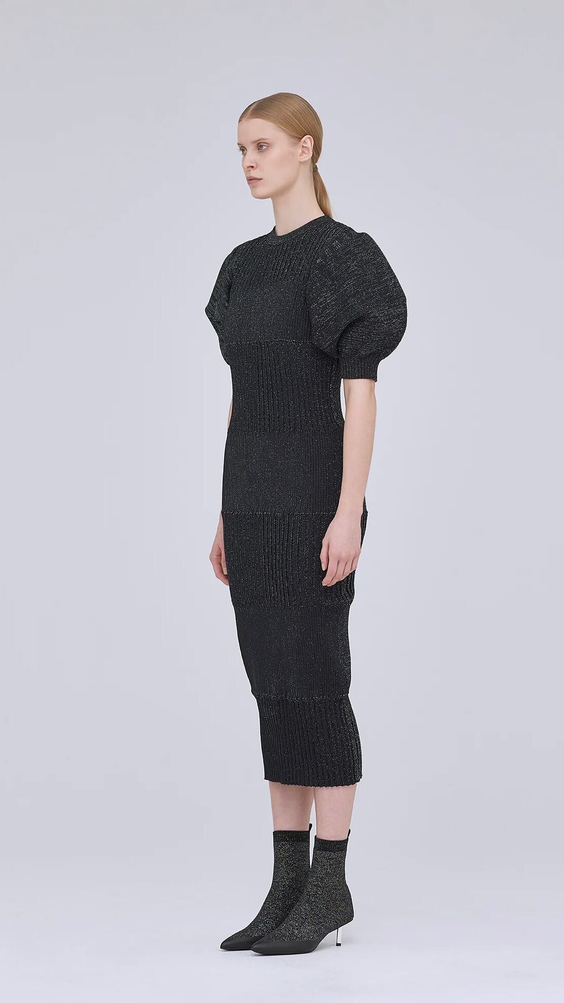 CFCL】FLUTED GLITTER SHORT PUFF SLEEVE DRESS | idealclasse