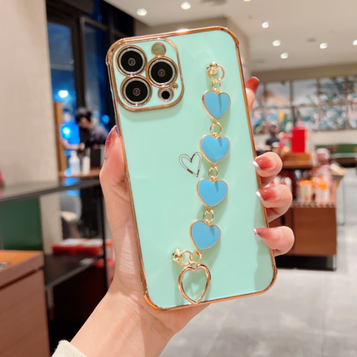 グリーン系】ハート♡ハンドチェーン付き ゴールドフレーム ワン