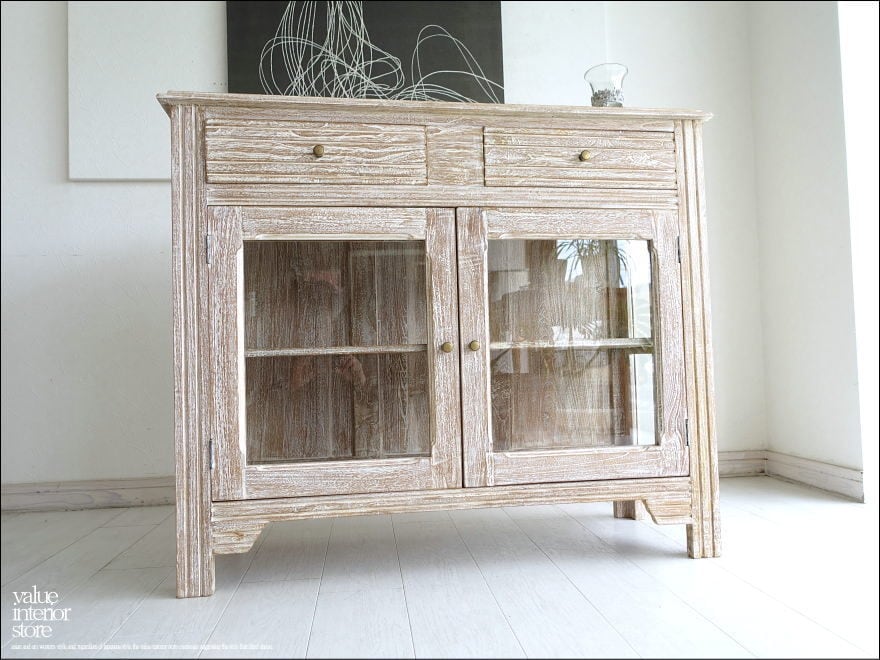 チーク総無垢 ガラスキャビネットQuese 食器棚 飾り棚 ガラスケース 収納家具 開き戸 水屋 戸棚 ナチュラルホワイト 観音扉 銘木家具 idacabi