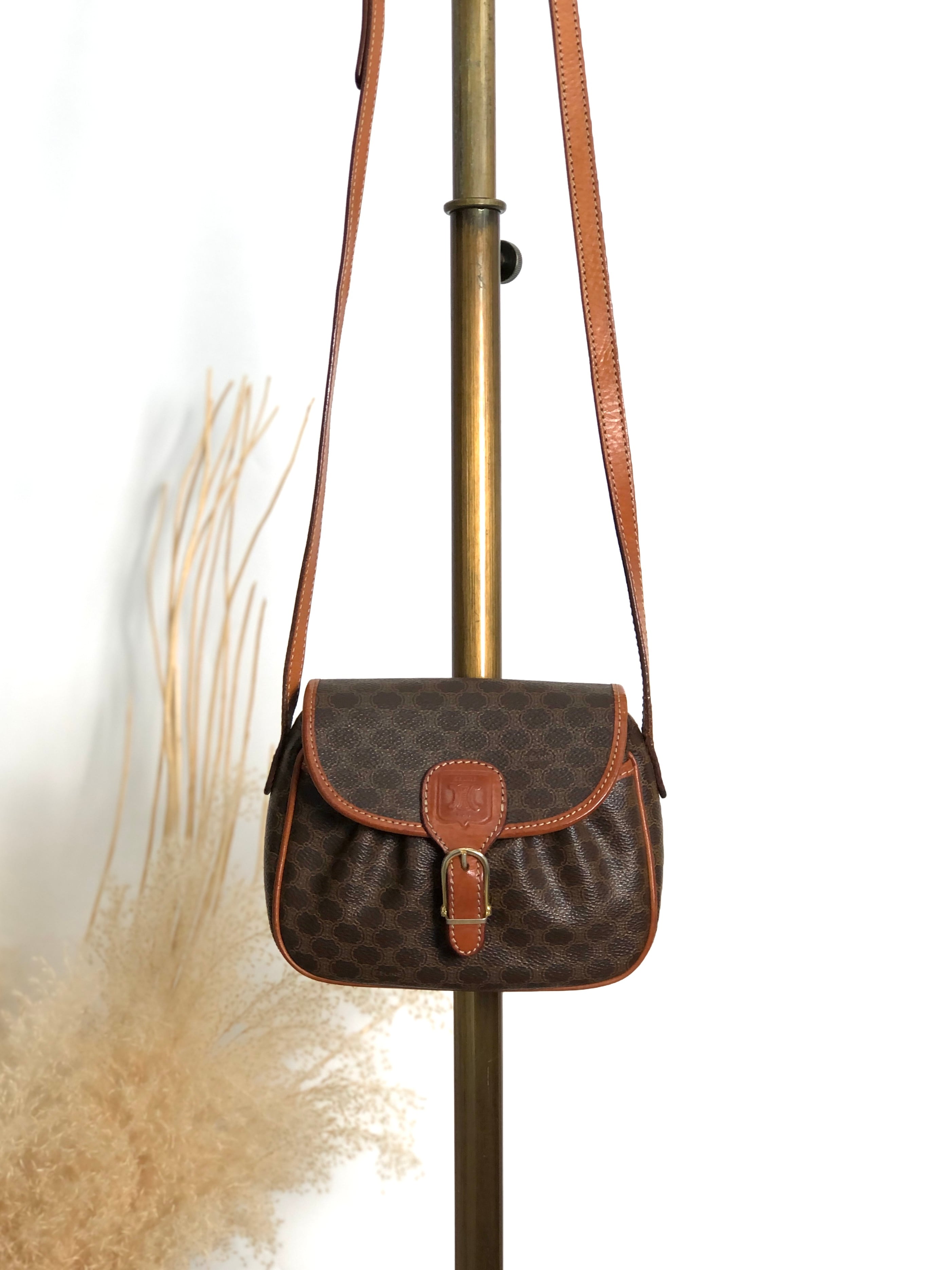 CELINE セリーヌ マカダム ショルダーバッグ ブラウン ブラゾン型押し PVC レザー ミニバッグ vintage ヴィンテージ オールド w4w3x4