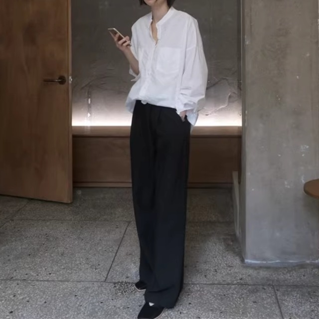 【オーバーサイズスタンドカラーロングスリーブシャツ】P00016