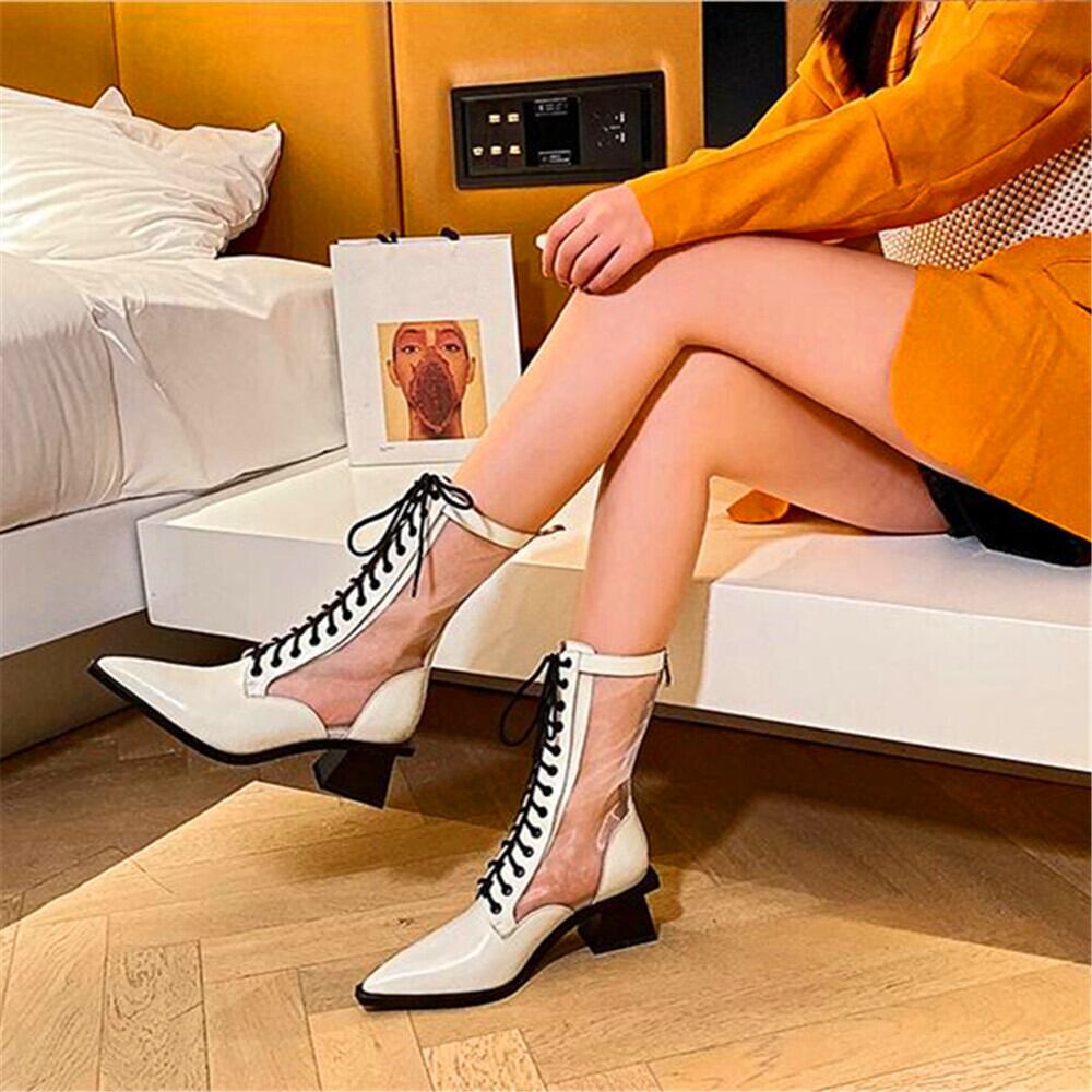 【新作】【送料無料】 ファッションセクシーな先のとがった女性のハイヒールのブーツストラップメッシュガーゼ厚いヒールのハイヒールのブーツ春と秋の女性 靴 シューズ スプリング 春物 オータム 秋物 10b335936967881