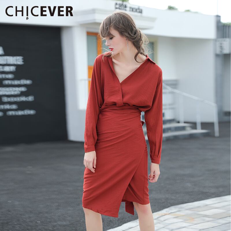 CHICEVER秋のドレスレースアップラップチュニックバットウィング長袖包帯ミディセクシーな女性のドレス服秋 ロング オータム 秋物 6base522030278490