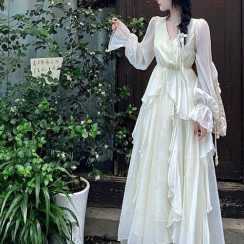 シフォンスリーブカシュクールラッフルワンピ ・78934