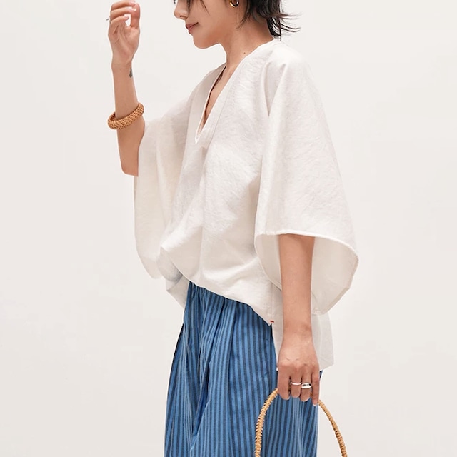 v-neck wide sleeve pullober blouse 14434
