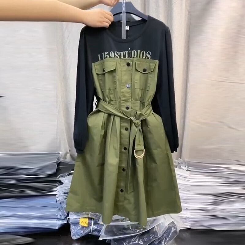 ラージサイズの女性用200kgファットMM秋のドレス、ラウンドネックのラウンドネックミドル丈のレタードレスは薄潮でした ミックスインファッション99215156733