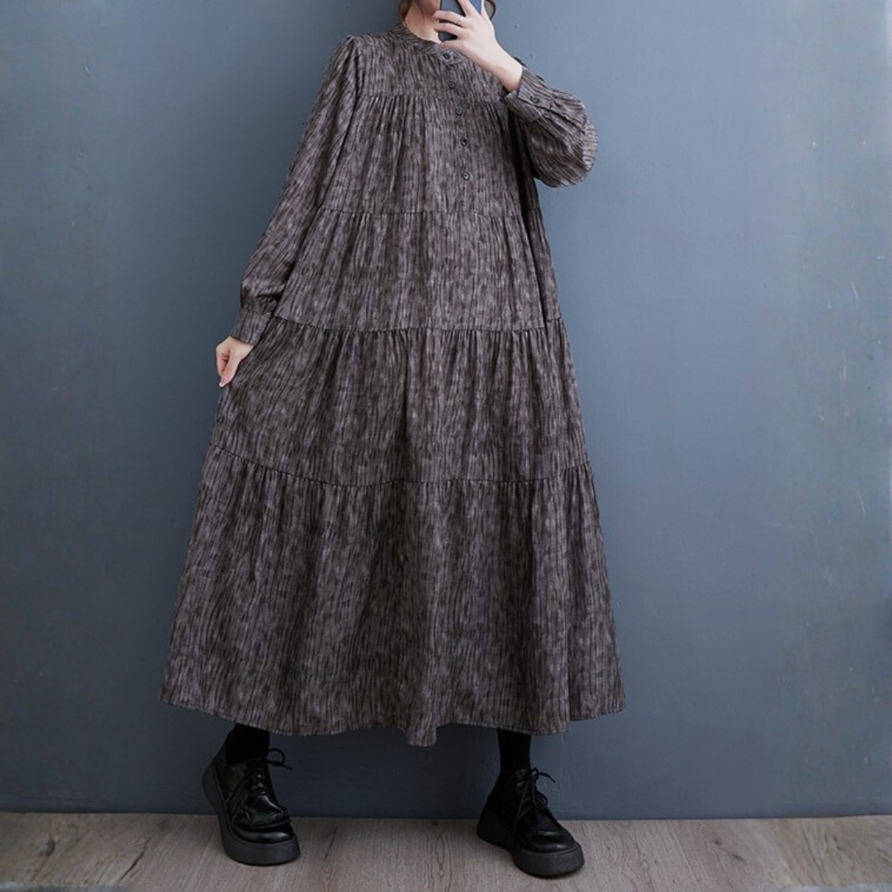 スタンドカラー Aライン マキシワンピース 00098