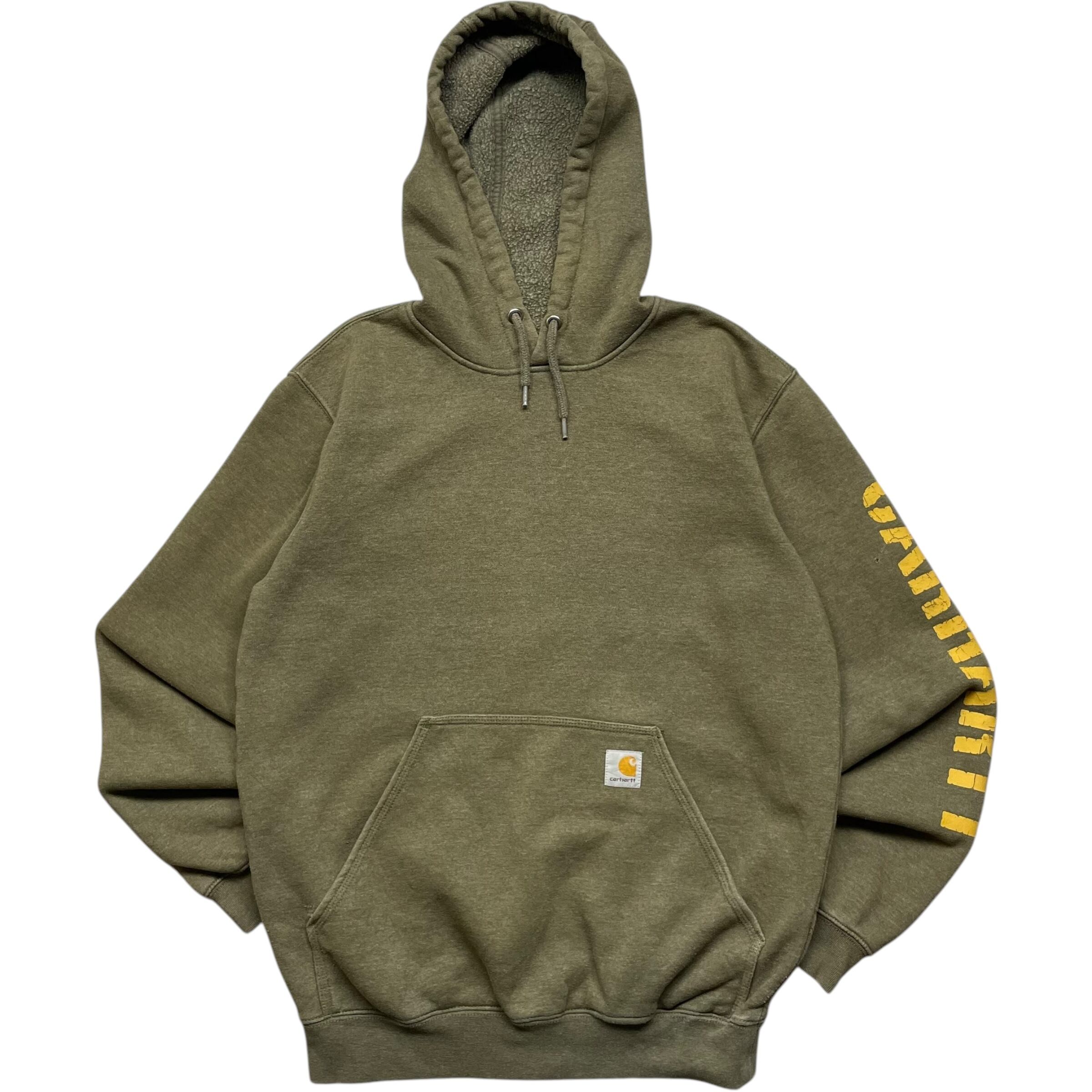 《S》 Carhartt カーハート スウェット パーカー 袖プリント ワンポイント モスグリーン no.6259