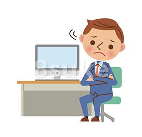イラスト素材:デスクでパソコンを使うビジネスマン/腕組みして困った表情(ベクター・JPG)