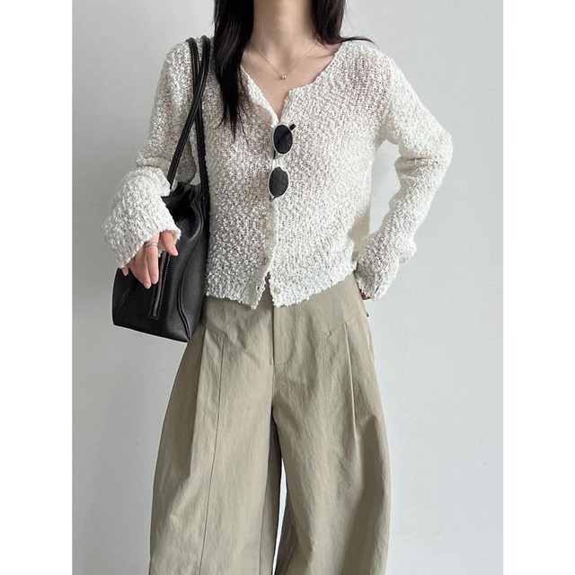 boucle knit ruffle-trim cardigan