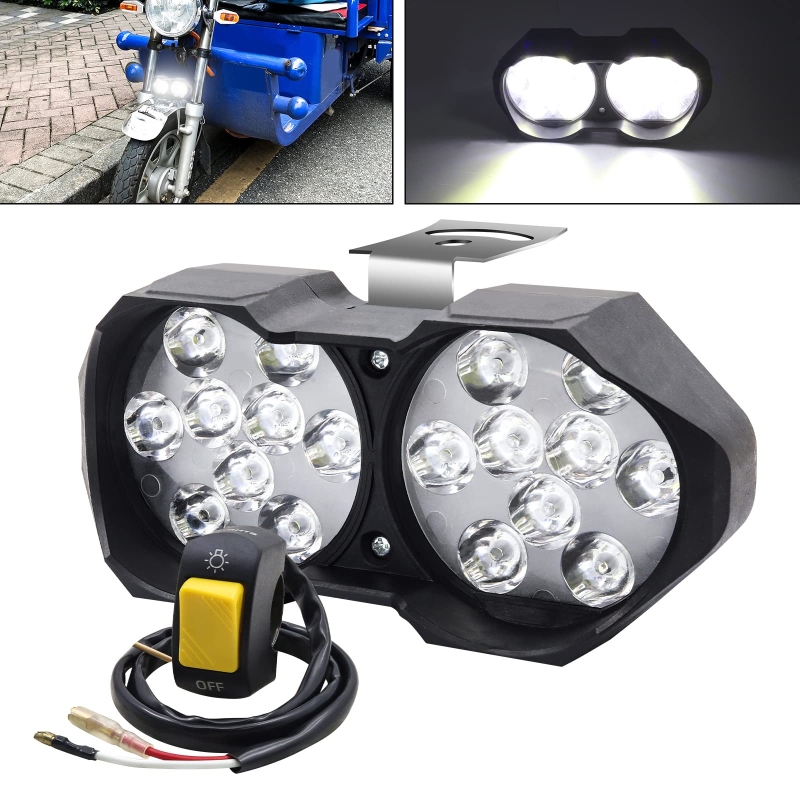 Aoling バイク ヘッドライト 2灯 汎用 ヘッドライト LED 12V バイク フォグランプ 補助灯 ホワイト 単品 ON/OFFスイッチ付き