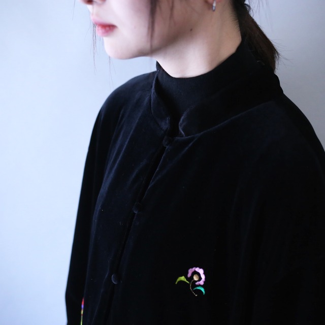 "花×鳥" 刺繍 full pattern over silhouette special velours shirt