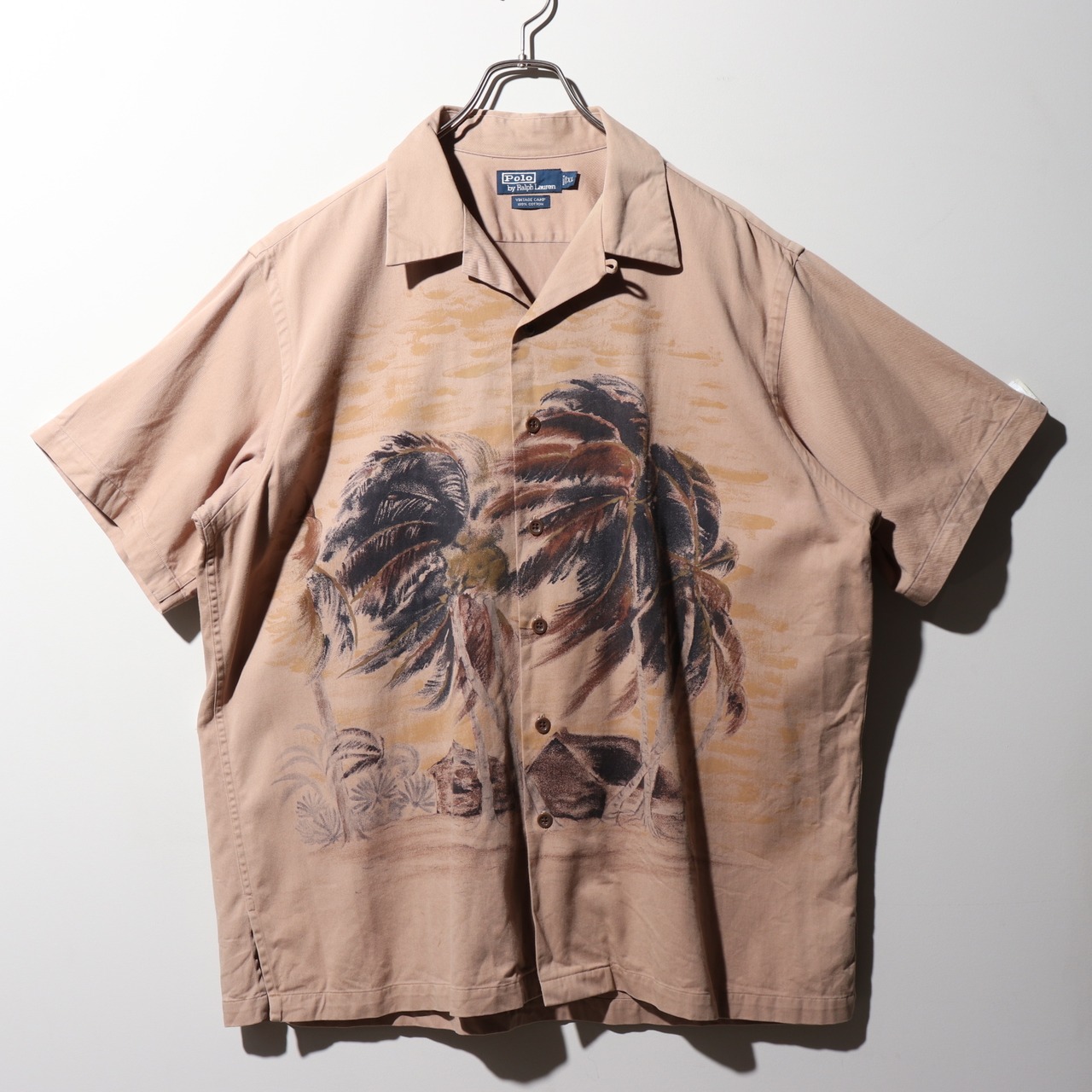 極美品 XL パームツリー ポロラルフローレン 半袖開襟シャツ 総柄 タンカラー polo ralph lauren vintage camp