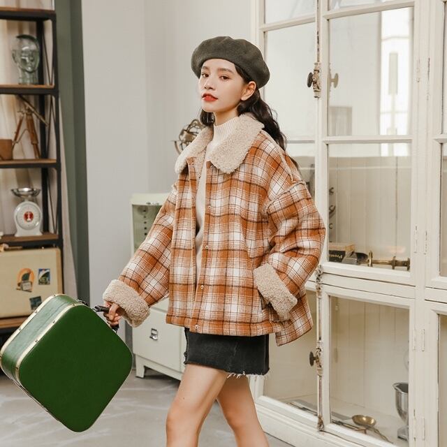 レディース アウター チェック ボアブルゾン タートルネック ジャケット 長袖 秋冬 韓国系 マルチカラー バイカラー Fezou