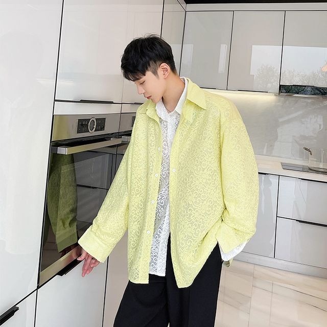 予約販売】シャツ メンズ 長袖 花柄 シアー素材 オーバーサイズ 