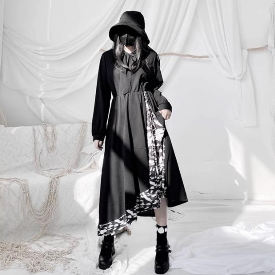 大人ゴシック ワンピース Aライン アシンメトリー ヘム丈 スカート