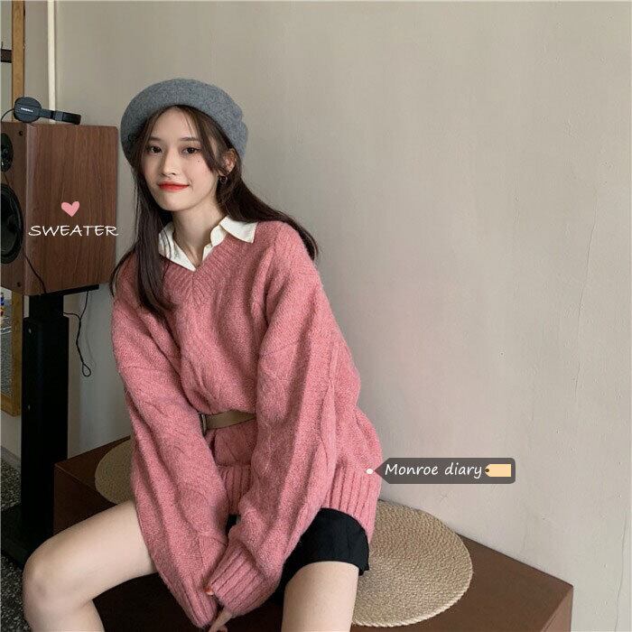 スタイルルーズVネックプルオーバー セーター オータムウィンターニットトップス 秋物 冬物 モンロー39665399794