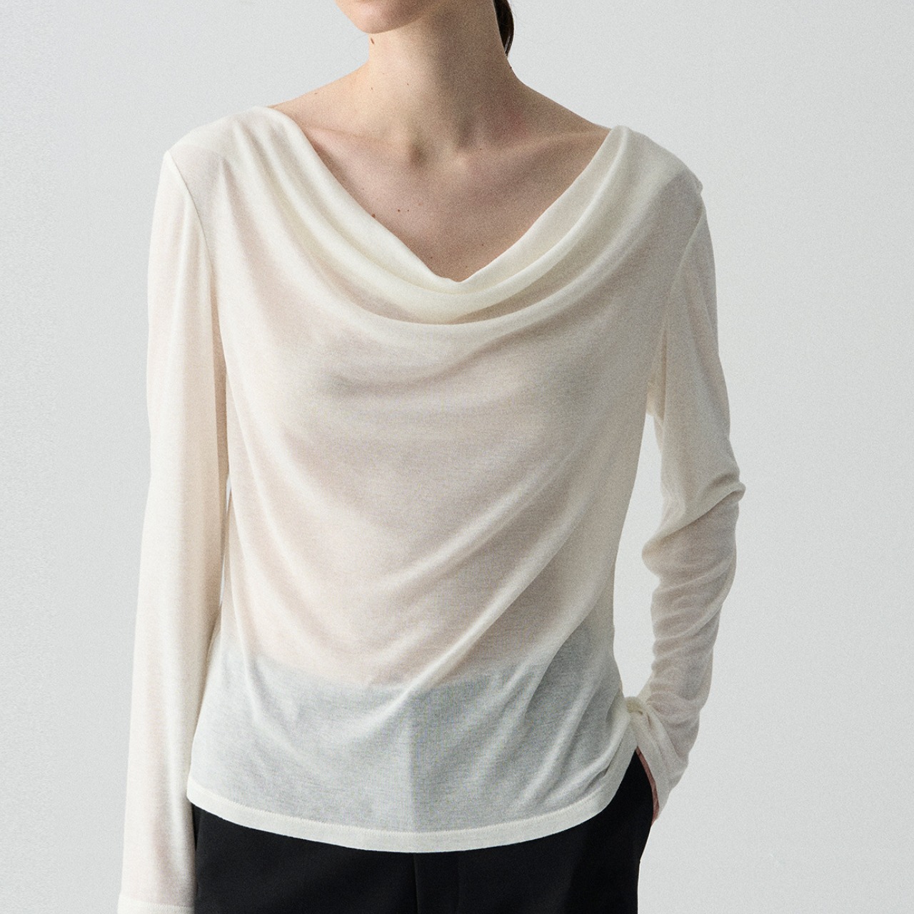 Sheer Drape Neck Long Sleeve Top T3699