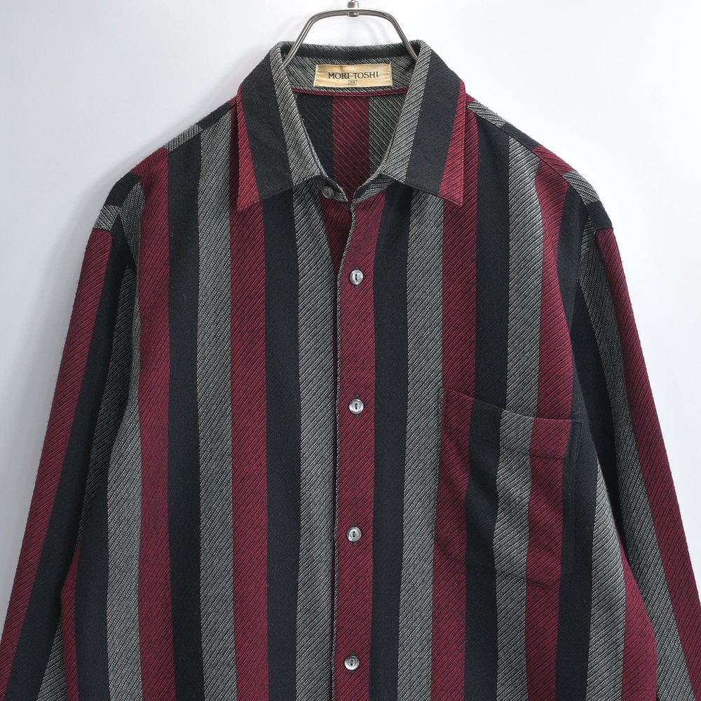 80s MORI TOSHI クラシックスタイル マルチストライプデザイン ウールブレンド シャツ 長袖 ボルドー ブラック ジャパンヴィンテージ ビンテージ 古着 メンズ Mサイズ