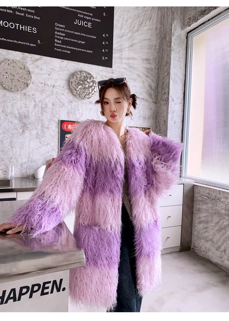 グラデーション ボーダー ピンク 紫 ファー コート ゴージャス