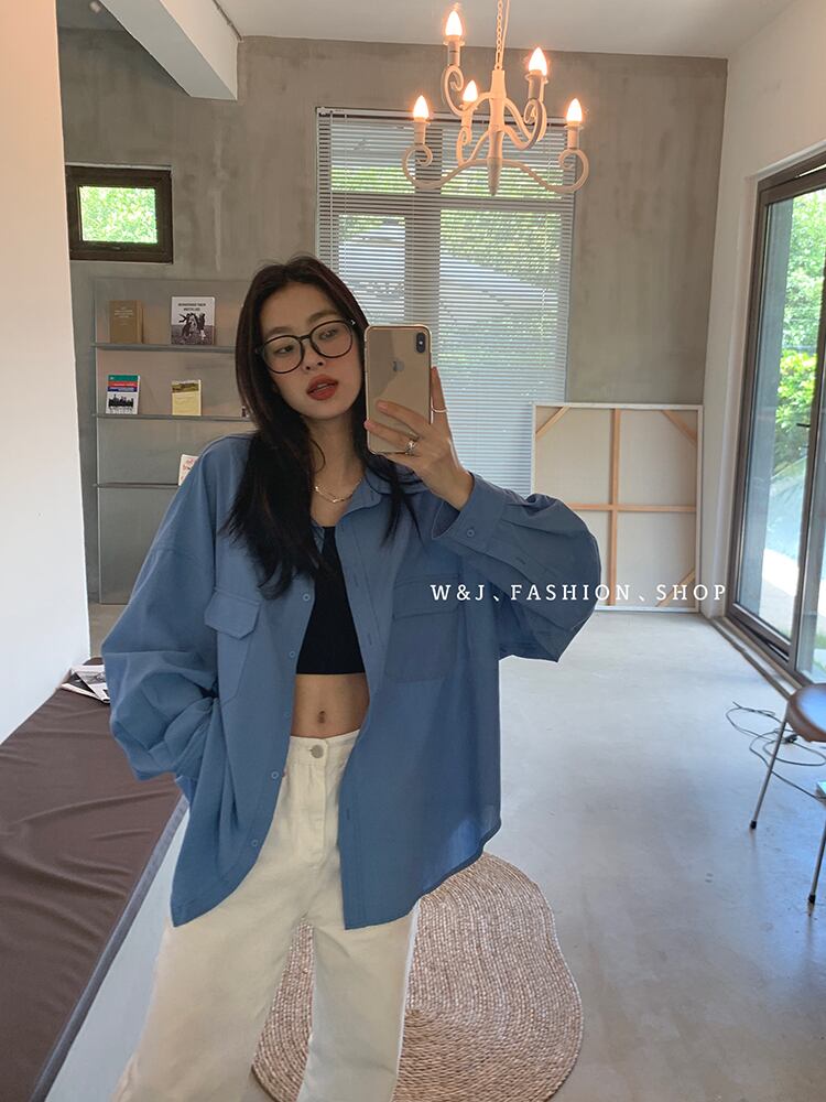 ソリッド カラーシャツ ジャケット スプリングオータムカジュアルルーズ薄手 ロング 春物 秋物 ソリッドカラー ビッグFスモールZ韓国88539193013