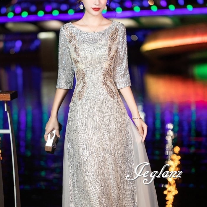 パーティドレス イブニングドレス 異素材 チュール 光沢感 7分袖(MA412)ζ