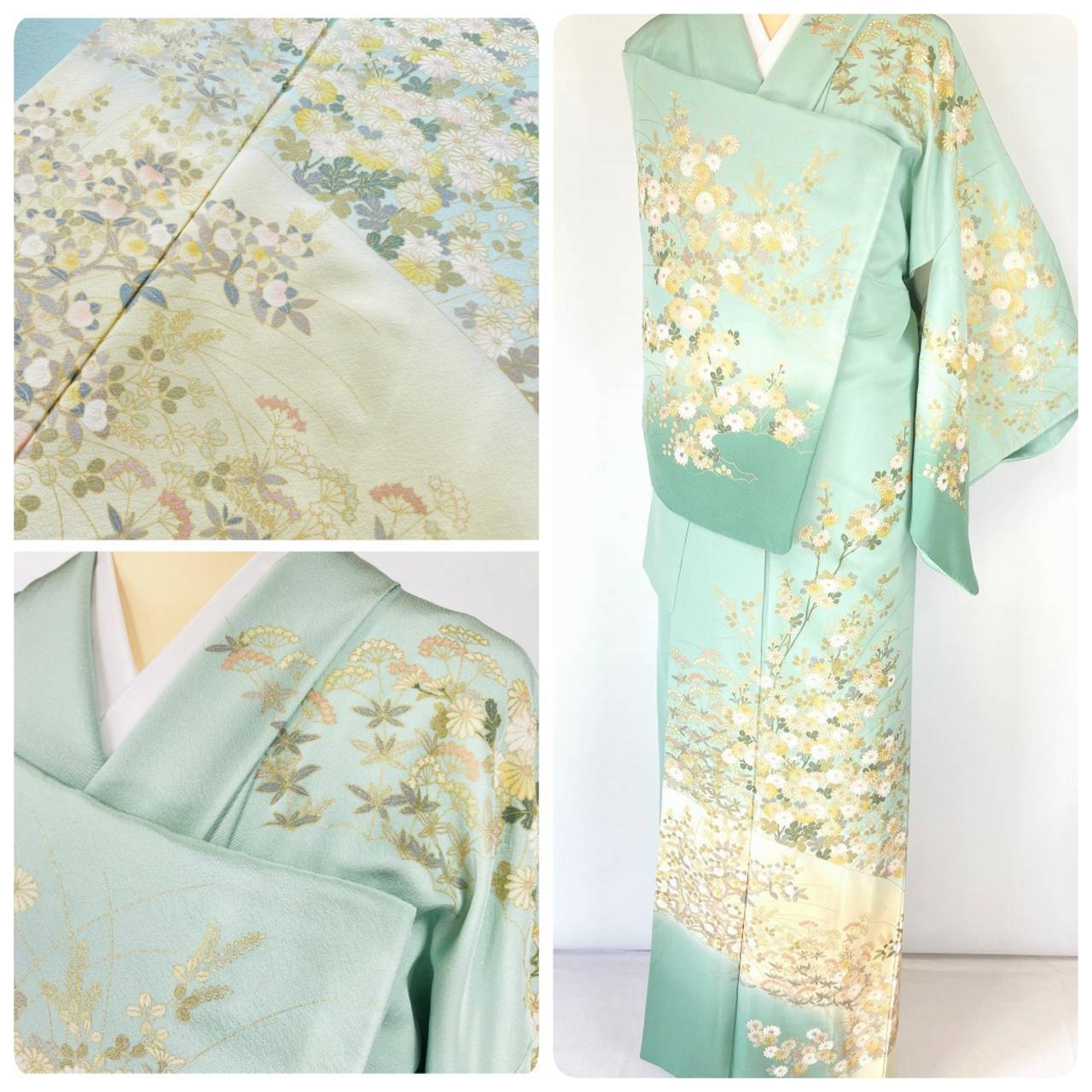 京友禅 金彩友禅 訪問着 花柄 黄緑 黄色 パステル 866 | kimono Re:和