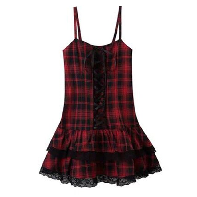 ワンピース チェック レッド ドレス ミニ ショート セクシー レース ブラック
