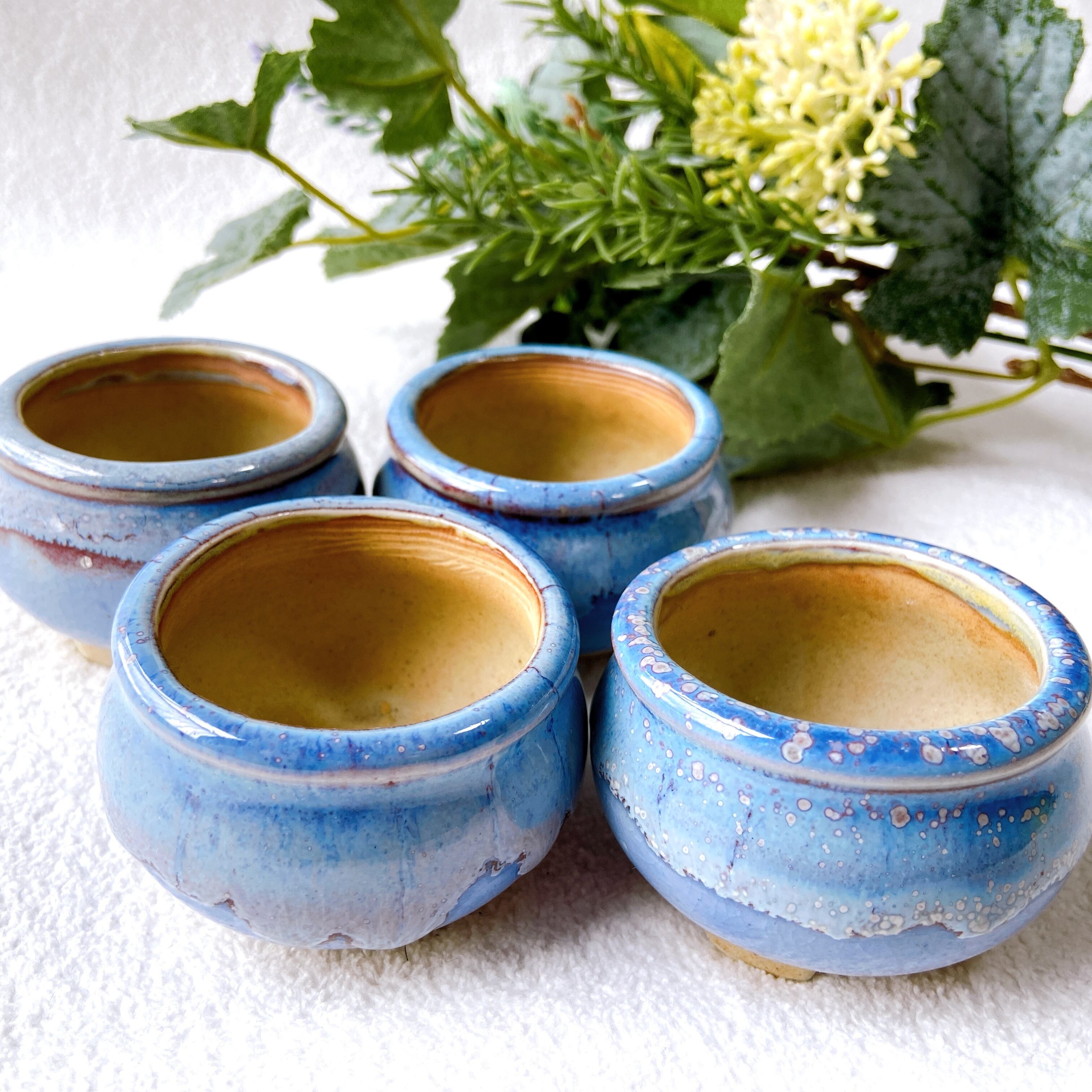 当店1大人気！ 空・海を彷彿させる優しい水色の陶器植木鉢4点セット