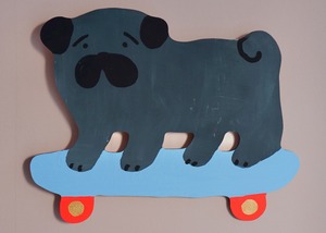 wood objet 原画 「スケボーパグ」黒パグ