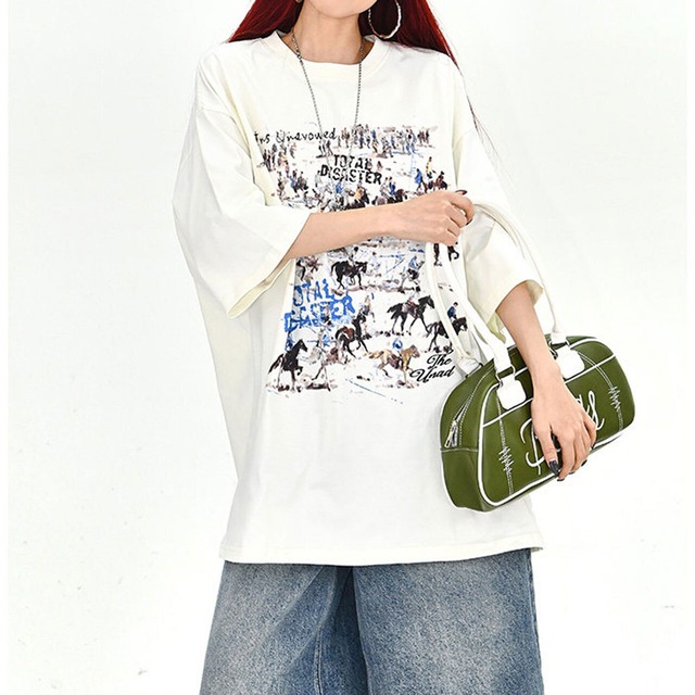 ホースコラージュアートビッグTシャツ 2col   R01703