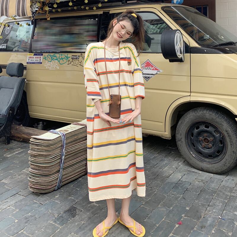 ストライプTシャツ ドレス サマールーズカジュアルロングスカート 夏物 試着室12311783483