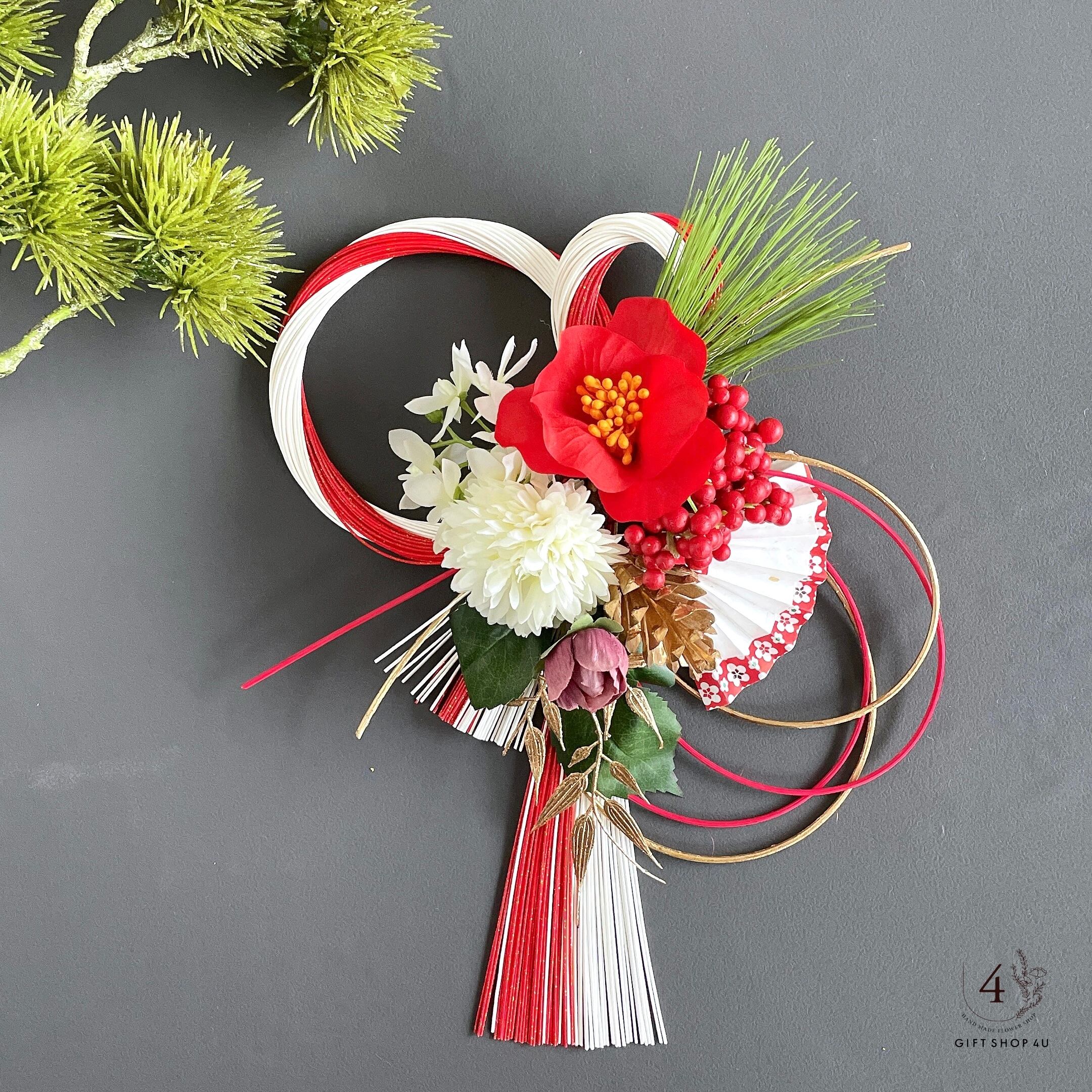 しめ縄リース　ピンクダリア　椿　水引 しめ縄リース ピンクダリア 椿 金扇 松 しめ縄リースピンク