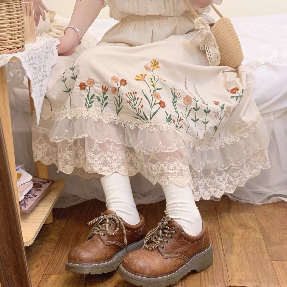 スカート ワンピース グリーン 森ガール ピンク ワンピース 花柄