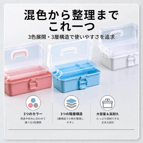 収納ボックス 3段トレー付き ツールボックス 持ち手付き 小物収納ケース 卓上オーガナイザー 多機能整理ケース ハンドメイド用品 文具 パーツ収納 3色展開