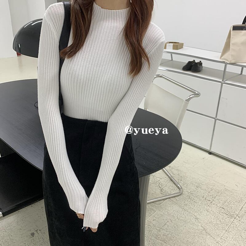 クレセントシティの白いハーフハイカラーのニットボトミングシャツの女性は、秋と冬に、薄いタイトフィットのストレッチオールマッチ長袖トップを備えています。 クレセントシティ24223548548