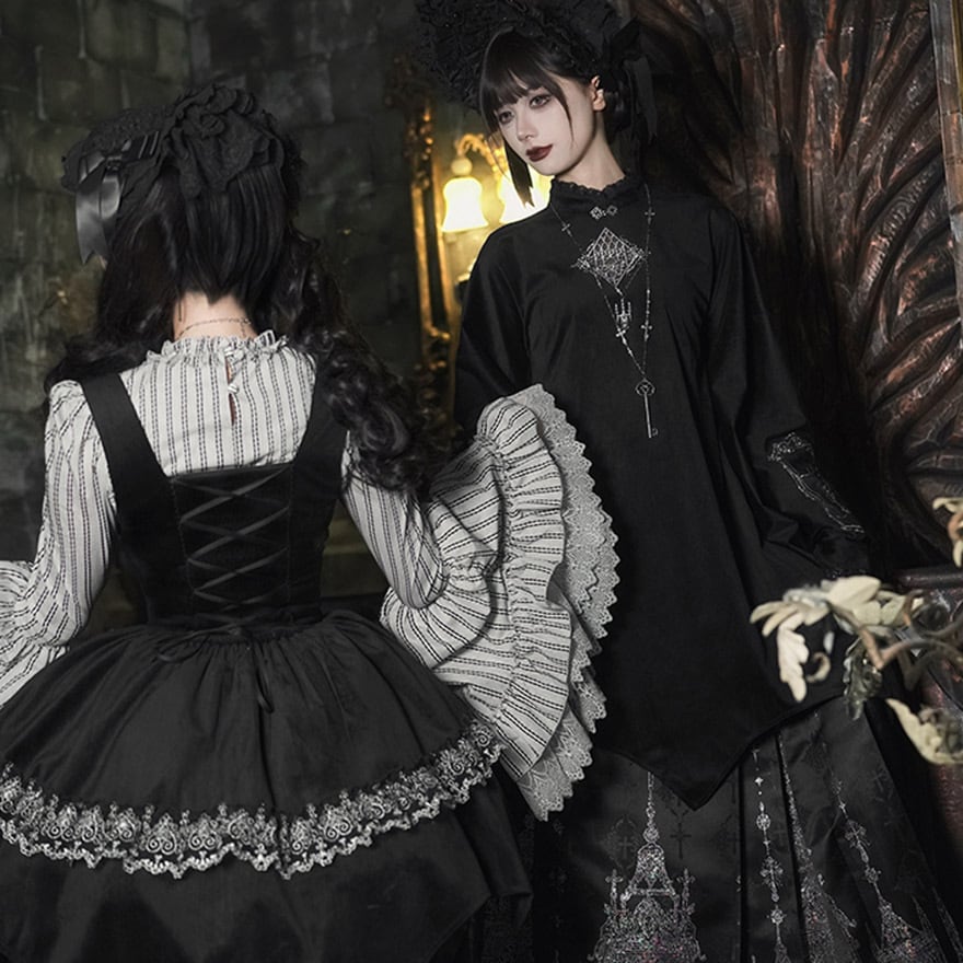 ビ*ラ様 白黒　トーションレース　懐古ロリィタ　ワンピース　Sサイズ程度 白黒レースのアイドル系ゴシックロリィタワンピース｜クロスリボン
