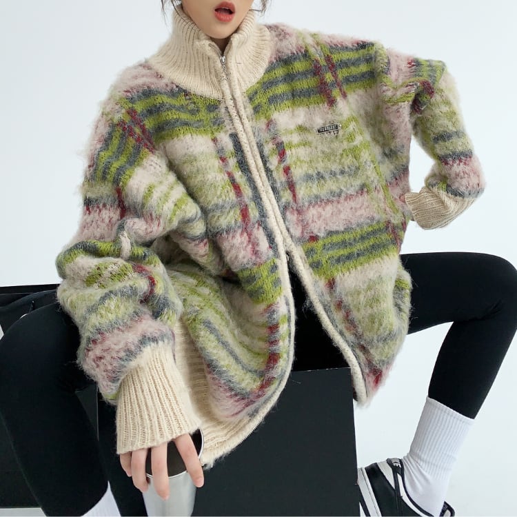 チェック柄 ジップアップ ニットジャケット ◆3col L00288