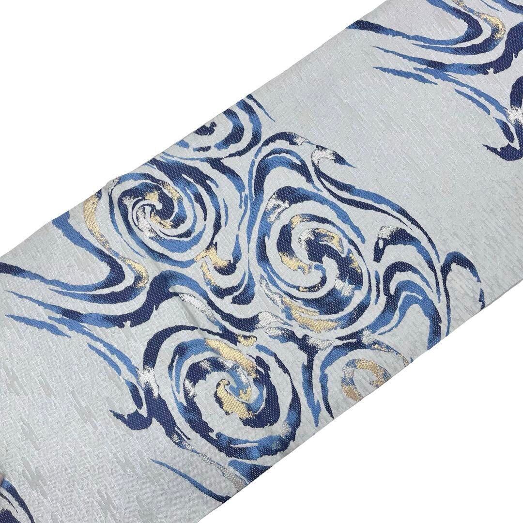 袋帯 藍染 雰囲気の良い渦模様 金銀糸 薄空鼠色 O-4213 | リユース着物  
