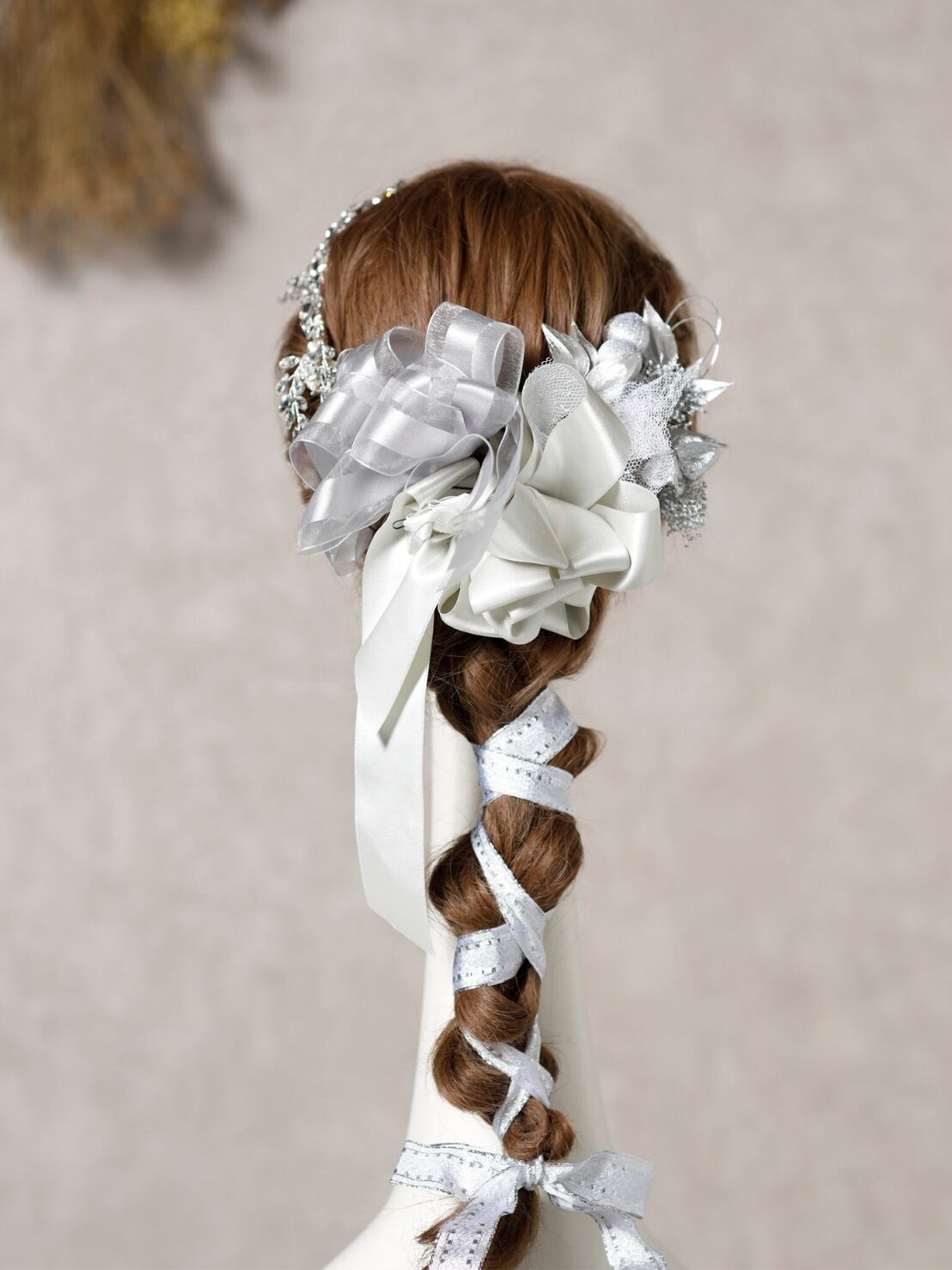【小枝ビジュリボン髪飾りシルバー】 残り一点 成人式 卒業式 結婚式 k-0068