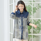 TRUBE エスニックパッチワーク総柄デニム襟ヨーク切替ロングシャツ【M~L】グリーン