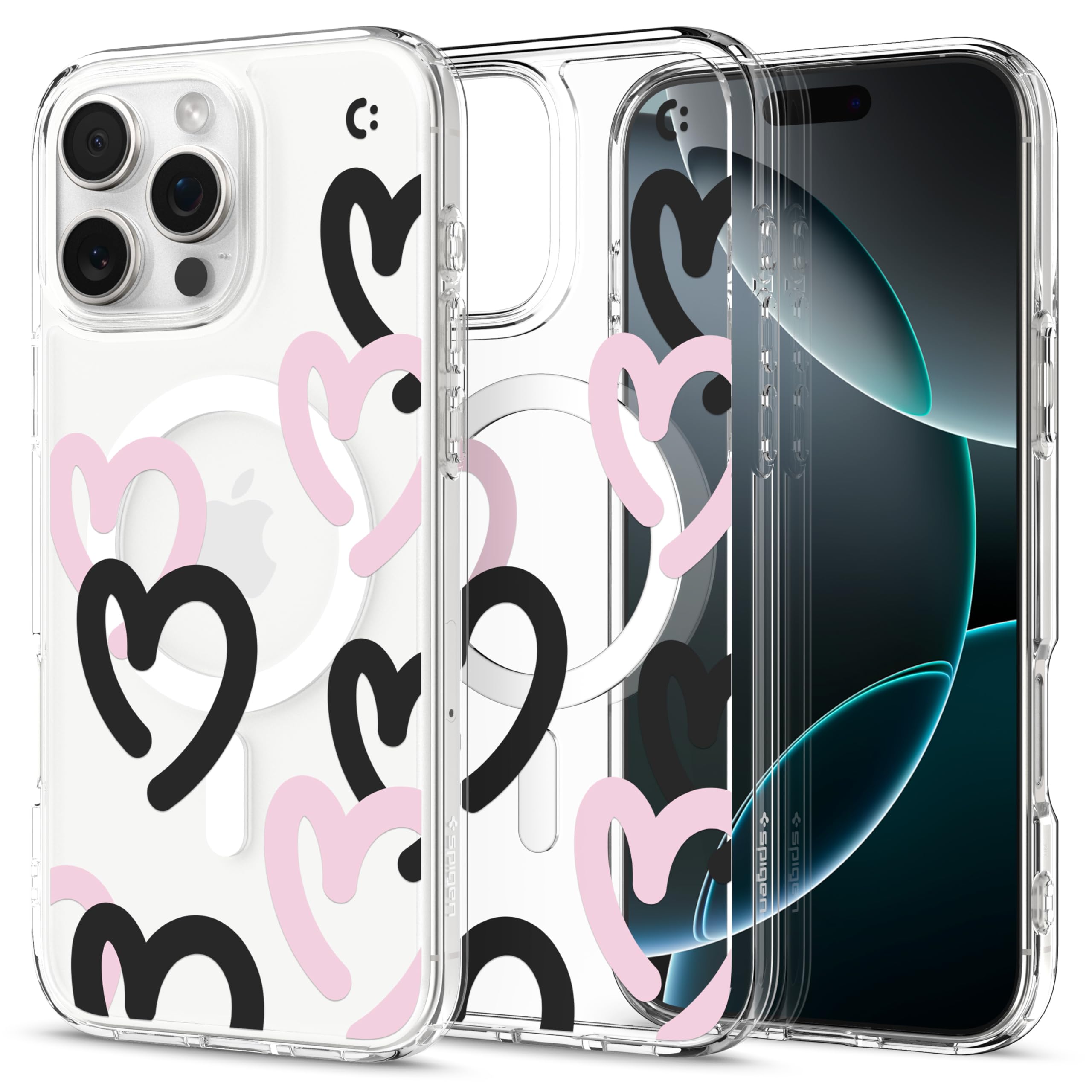 Spigen iPhone 16 Pro ケース MagSafe対応 クリア ストラップホール 米軍MIL規格 ウルトラ・ハイブリッド・マグフィット ACS08275 (ハート・ブラック・ピンク)